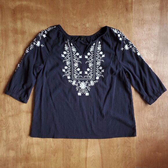 Talbots Embroidered Peasant Blouse XL Blue White Boho Cottagecore 3/4 Sleeve - Picture 5 of 10